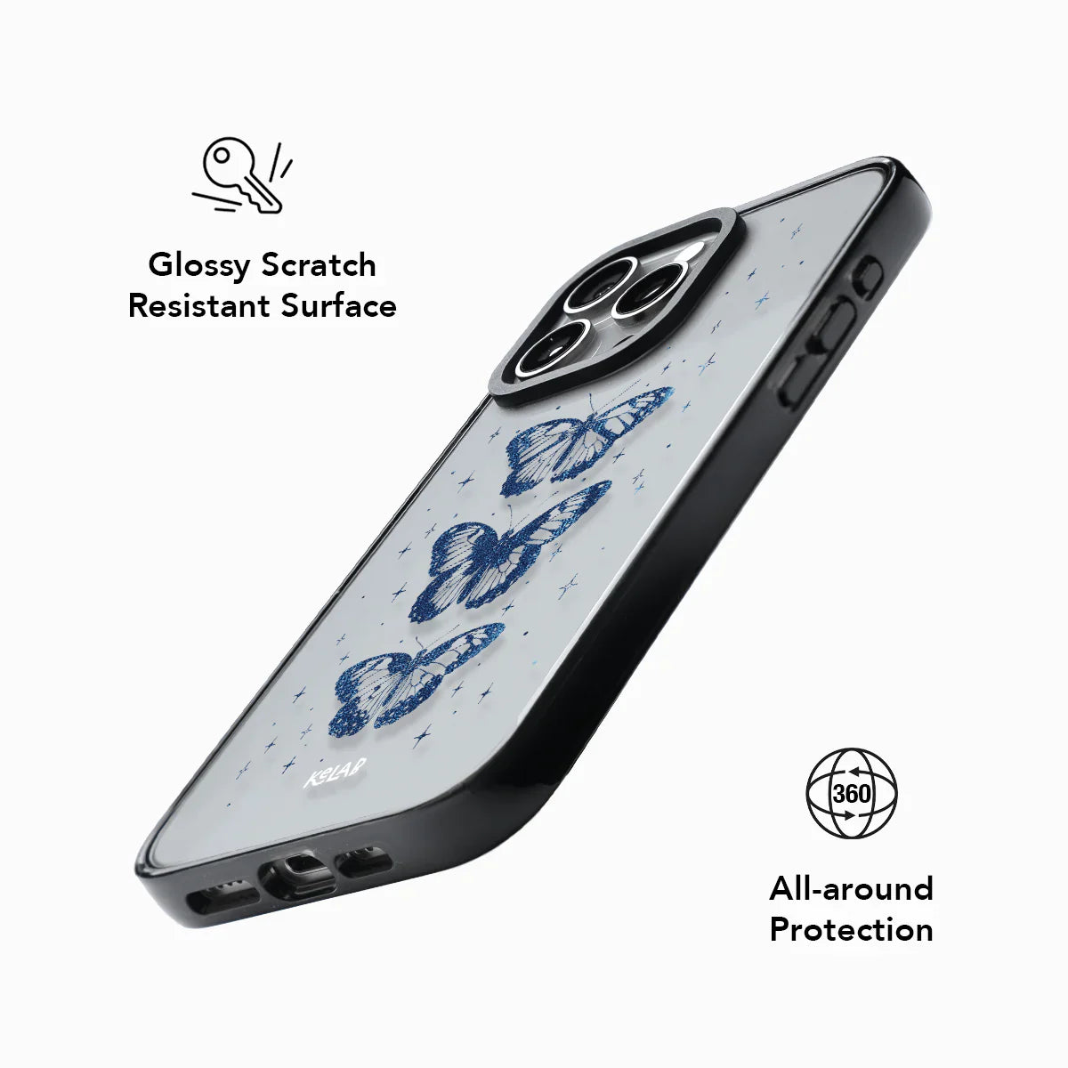 KELAB Dreamy Blue Butterfly Clear Case with glossy scratch-resistant surface and 360° all-around protection for stylish and durable phone coverage.