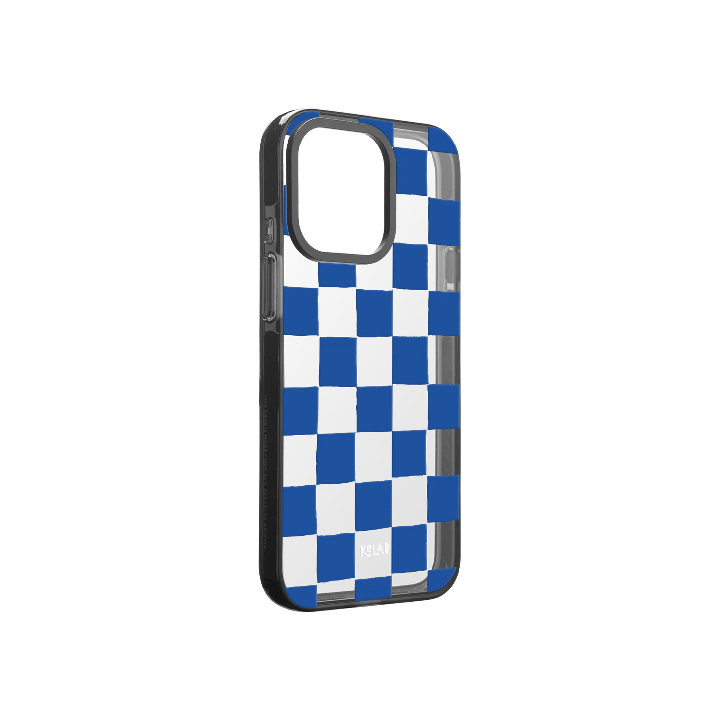 Checkered clear phone case with blue pattern on a white background