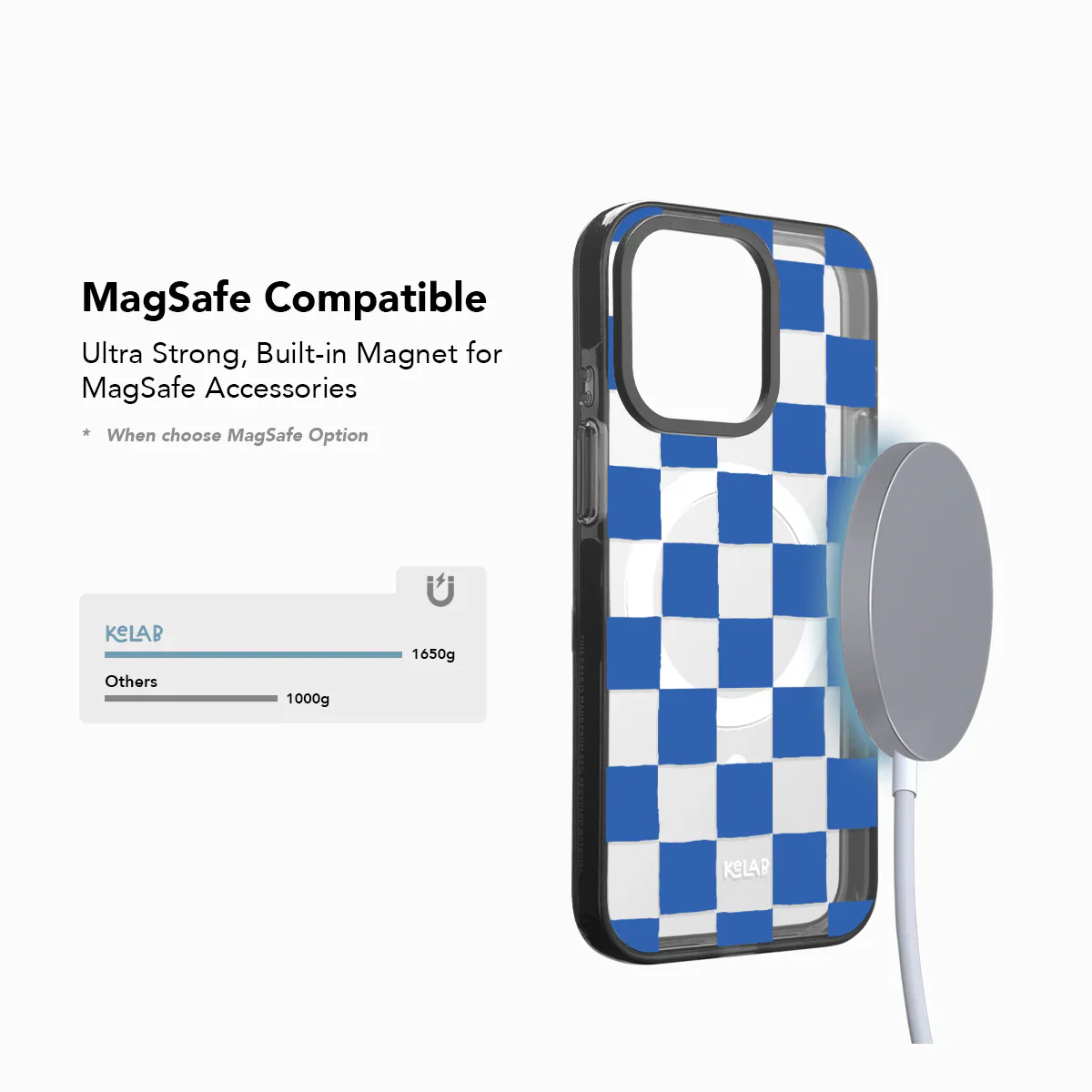blue Checkered phone case with built-in magnet for MagSafe accessories on a white background