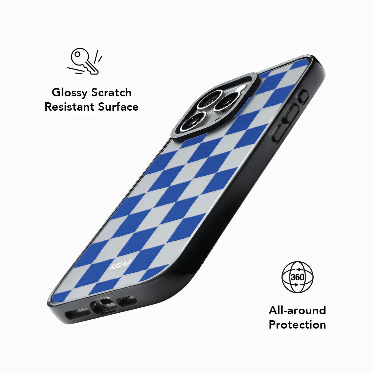 Phone case with blue checkered pattern on a white background