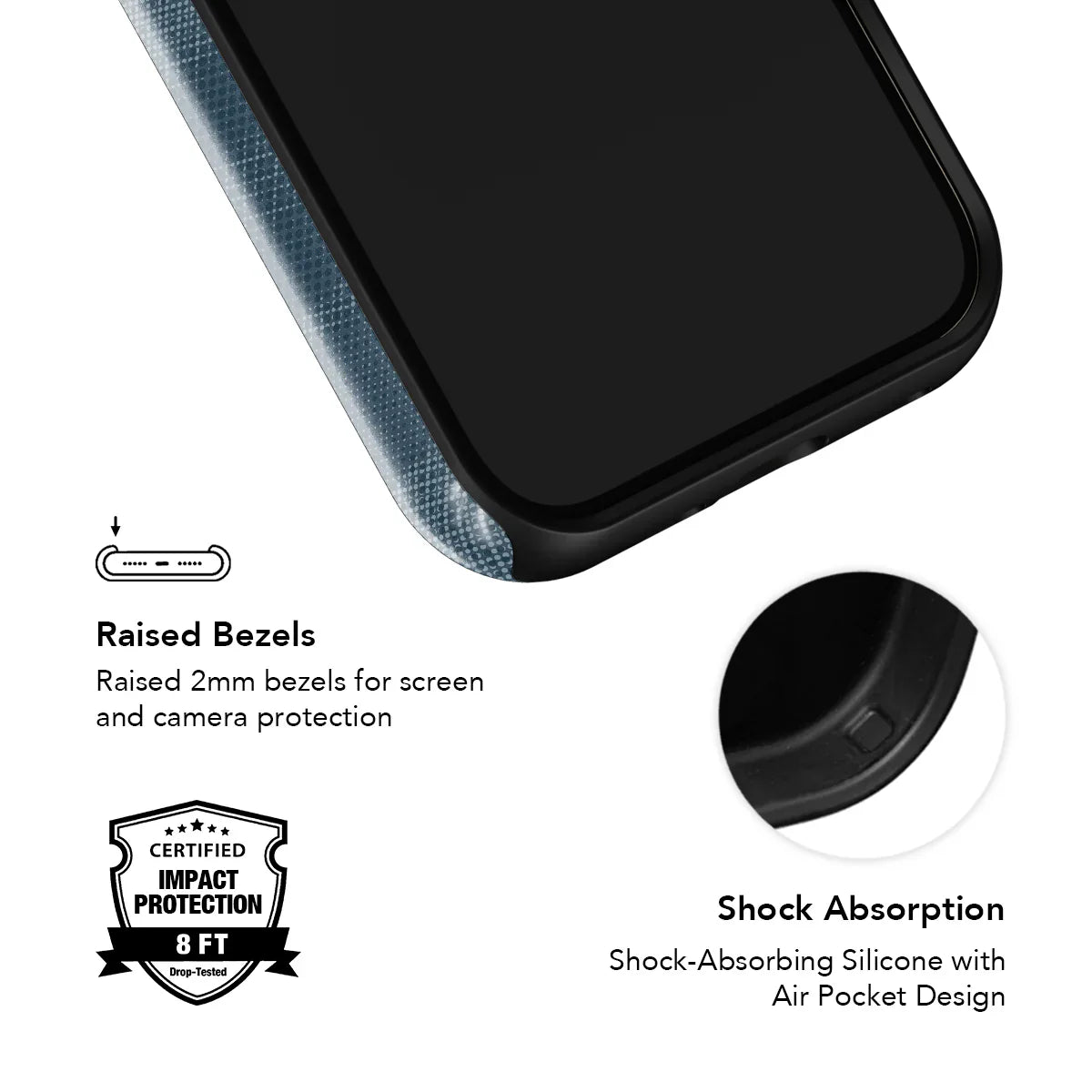 Shock-absorbing KELAB phone case with raised bezels and air pocket design, featuring blue flannel pattern for stylish impact protection.