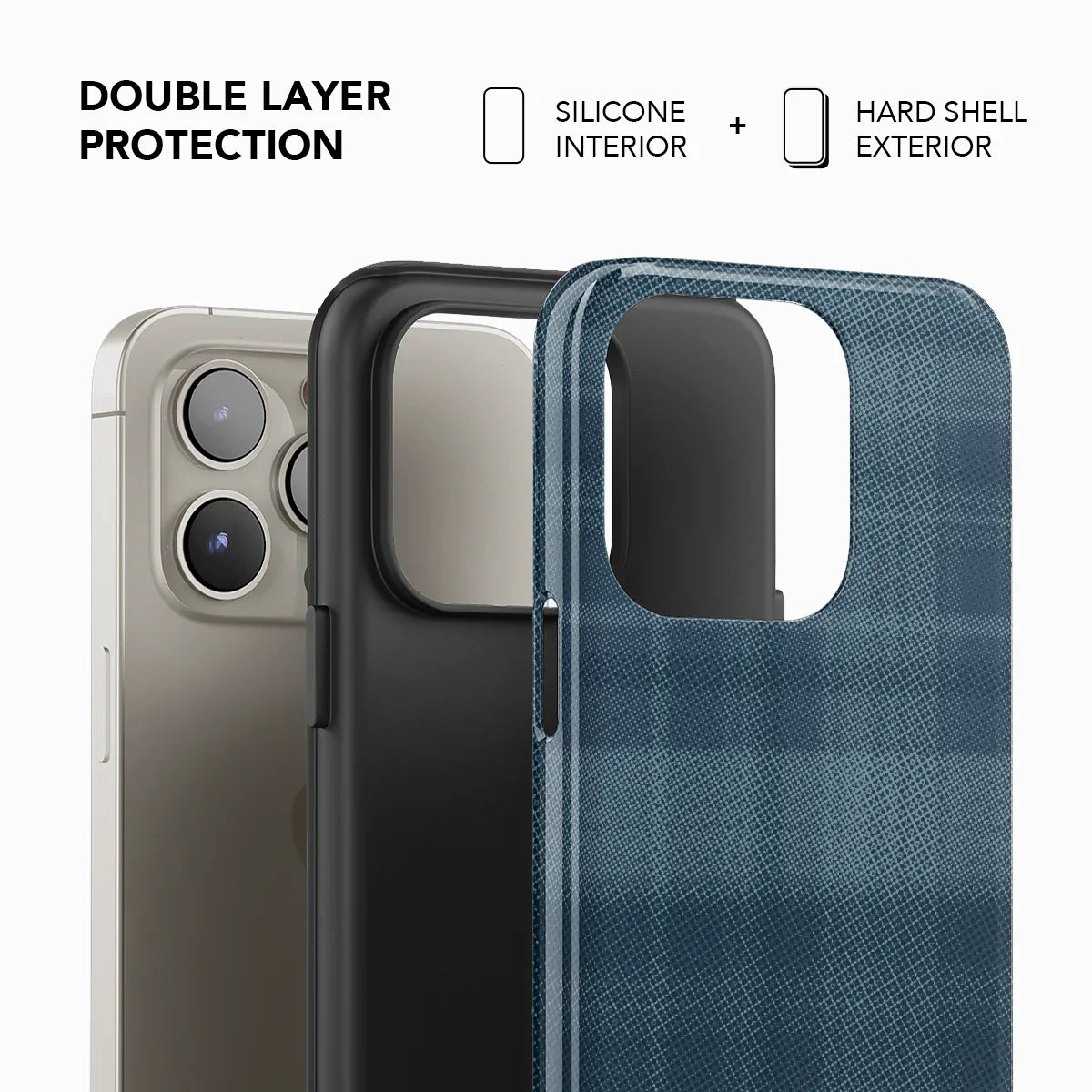 Double layer protection iPhone case with blue flannel print by KELAB, combining silicone interior and hard shell exterior for durability.