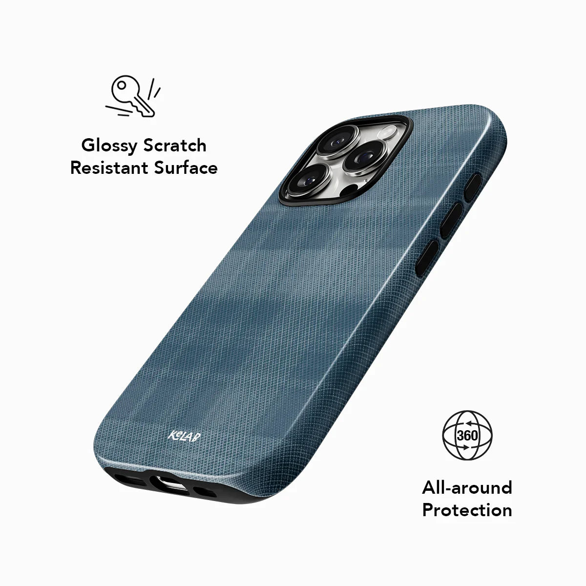 Glossy scratch-resistant KELAB iPhone case with blue flannel design, offering 360° all-around protection and minimalist plaid aesthetics.