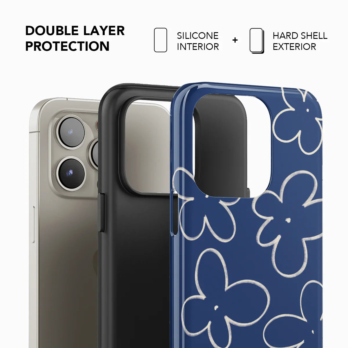 Double-layer phone case with navy blue floral hard shell and black silicone interior, combining style with durable protection for mobile devices.
