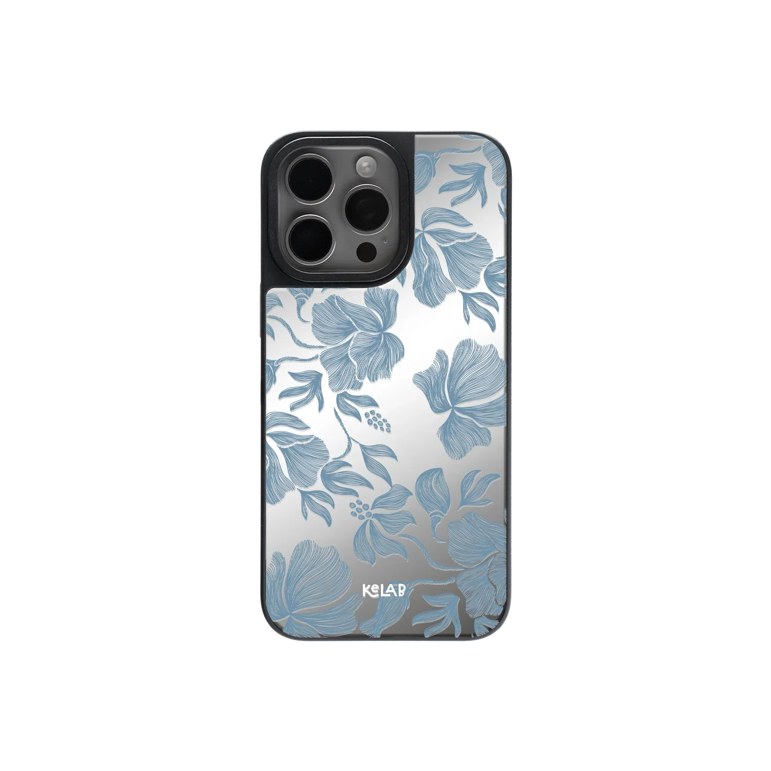 Dreamy Blue Butterfly Clear Case by KELAB featuring blue floral design on mirror back for iPhone, offering stylish protection and reflective finish.