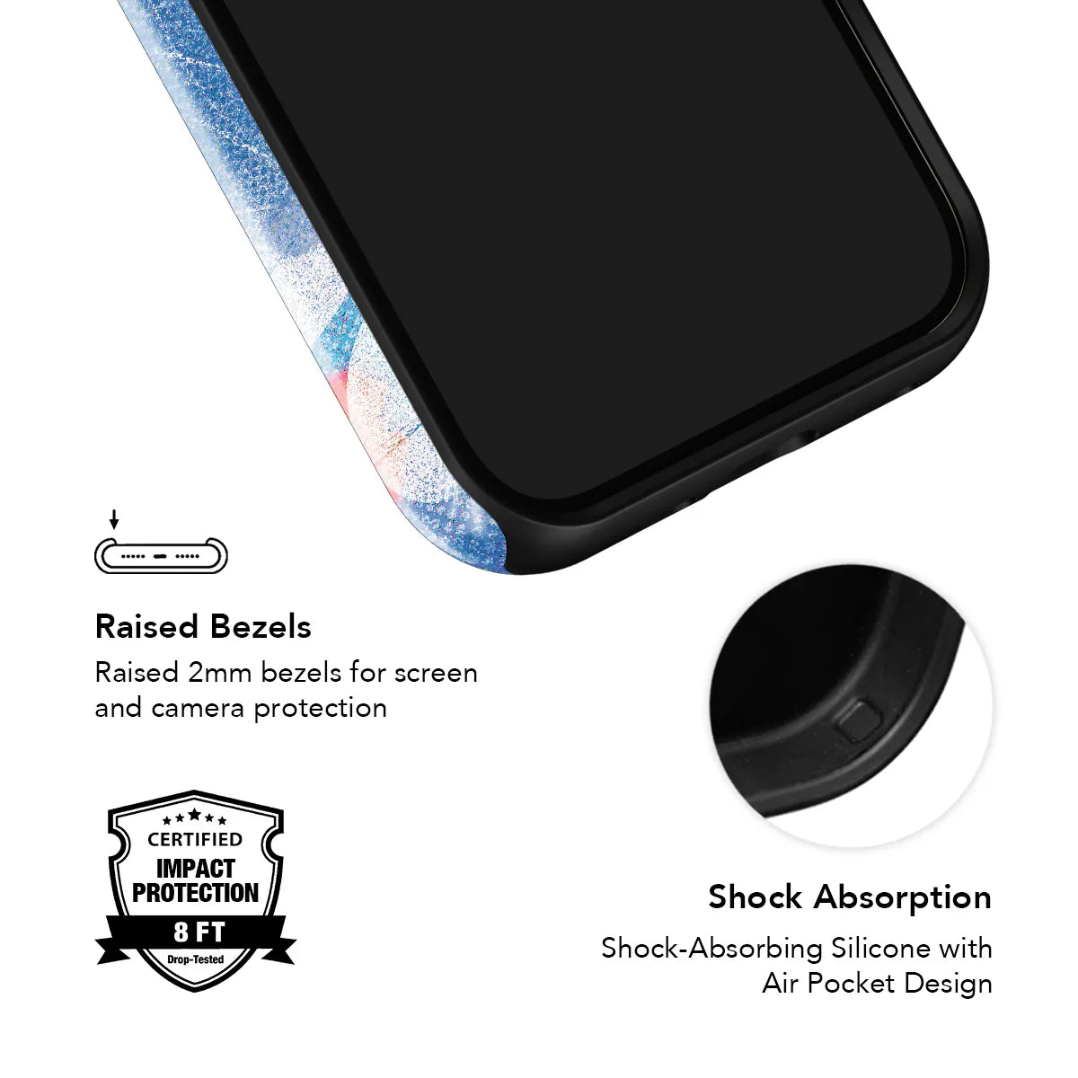 KELAB Cool Splash iPhone case with raised bezels and shock-absorbing silicone for 8ft drop-tested impact protection in a retro summer design.