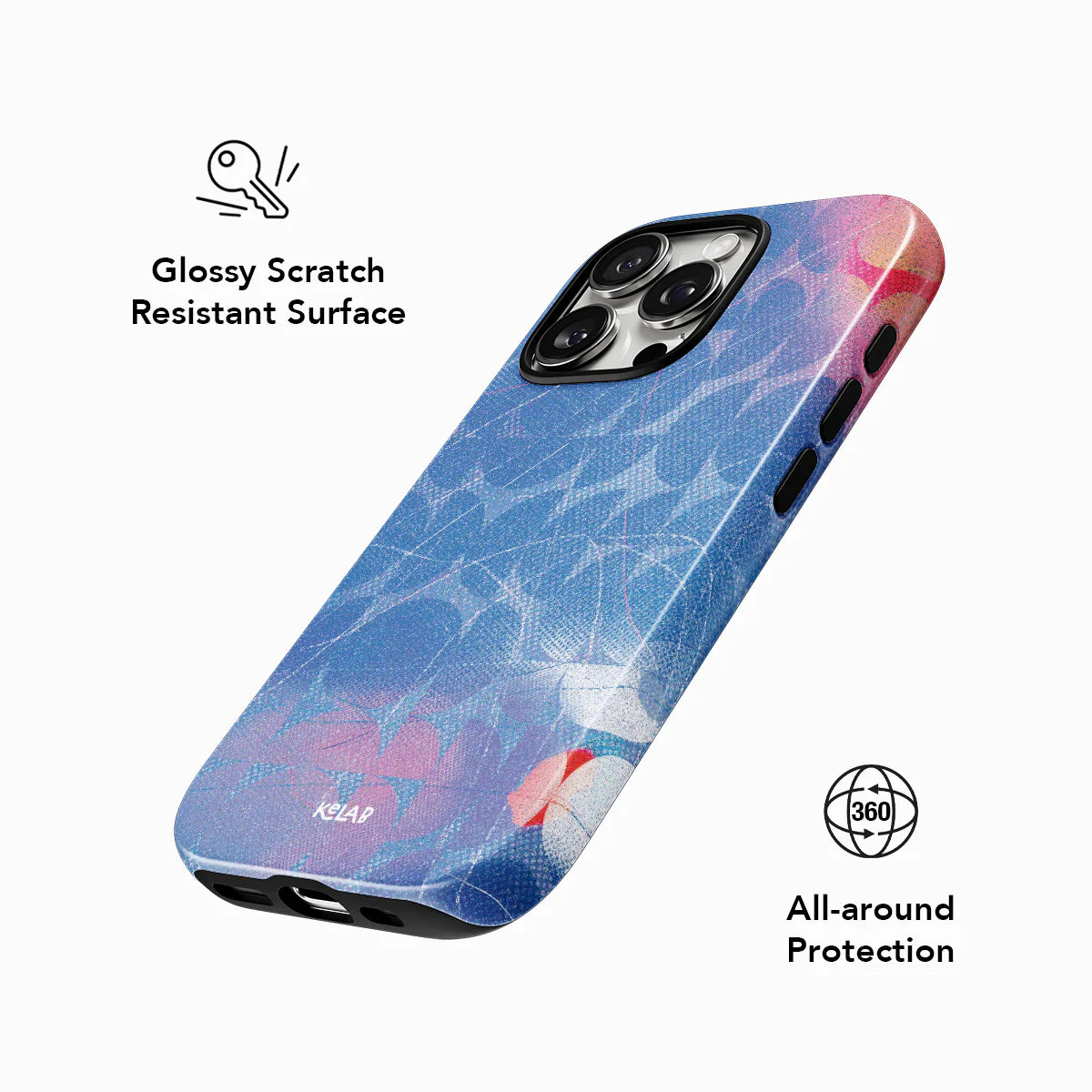 Glossy scratch-resistant KELAB iPhone case in retro blue with 360° protection and abstract geometric design for poolside glam.