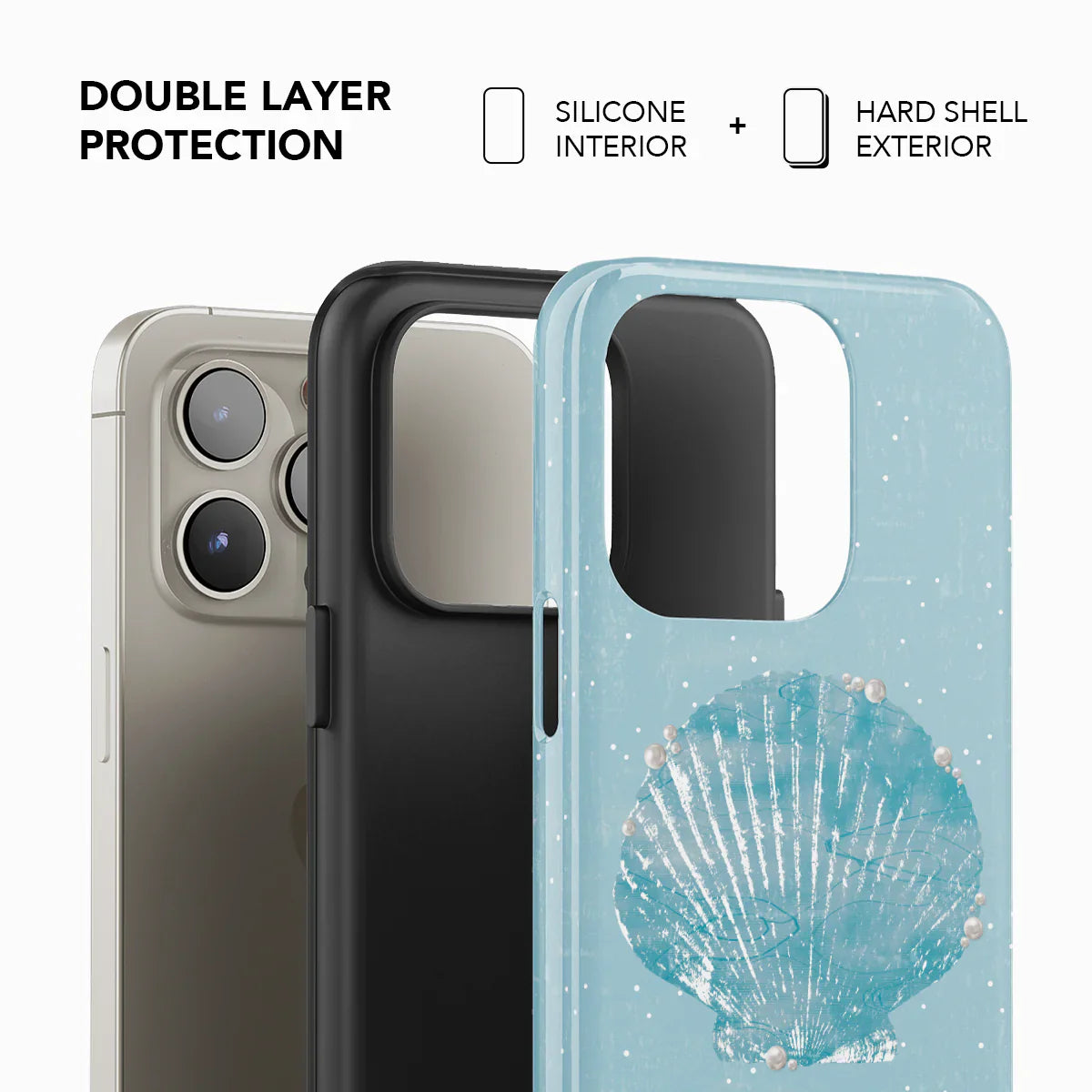 Pastel blue seashell pattern phone case with pearl accents, featuring double layer protection with silicone interior and hard shell exterior.