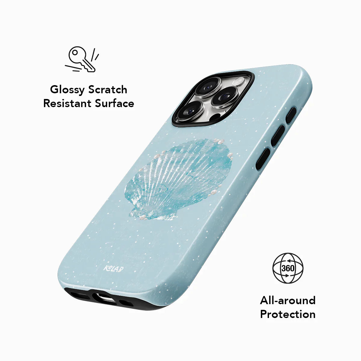Pastel blue seashell pattern phone case with glossy scratch-resistant surface and all-around protection, ideal for coastal and mermaidcore aesthetics.