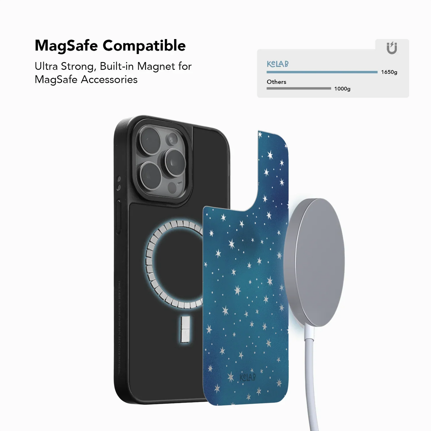 MagSafe-compatible KELAB Blue Stars Mirror Phone Case with strong built-in magnet and celestial design. Perfect for iPhone 16 Pro Max and accessories.