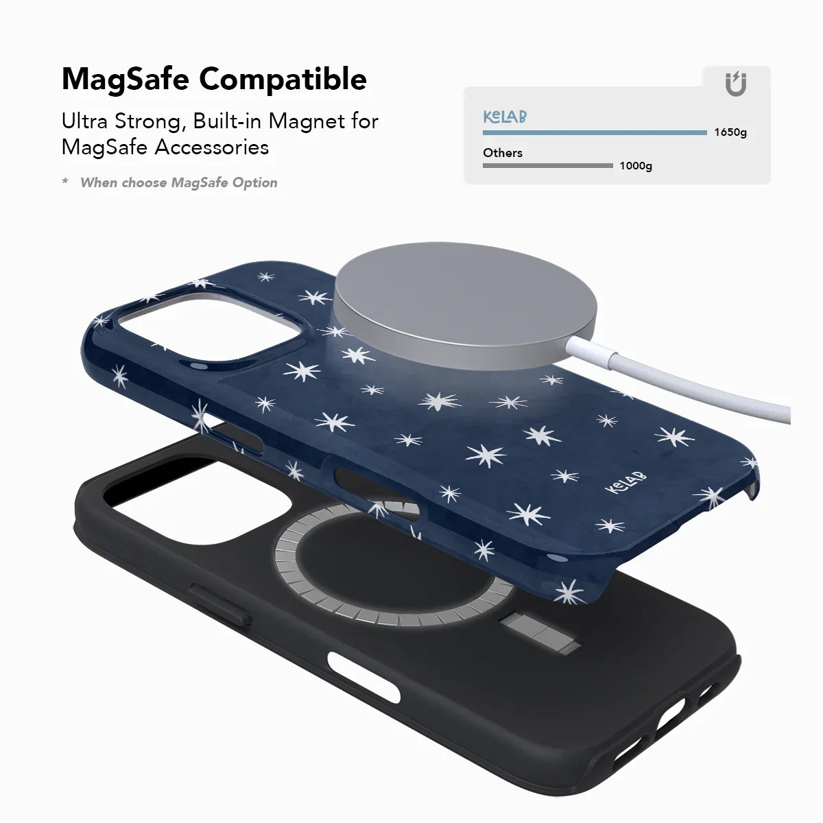 MagSafe compatible Starglimmer phone case with built-in magnet. Deep blue star design blends style with strong magnetic functionality.