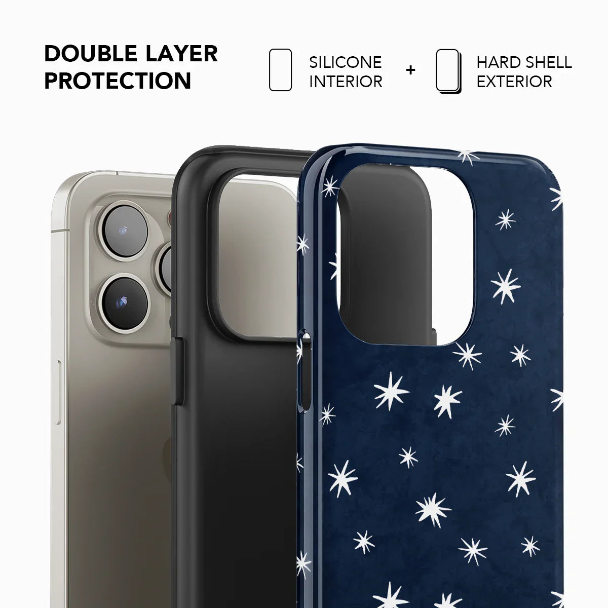 Double-layer Starglimmer phone case with silicone interior and hard shell exterior. Designed for enhanced durability and stylish starry look.