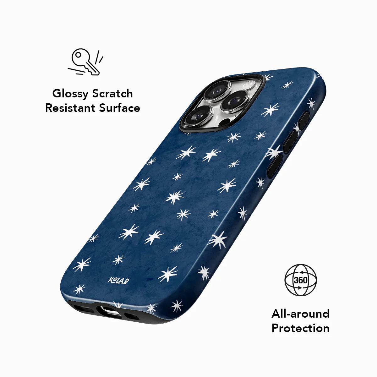Glossy scratch-resistant Starglimmer phone case with 360° protection. Features deep blue star pattern and sleek minimalist design.