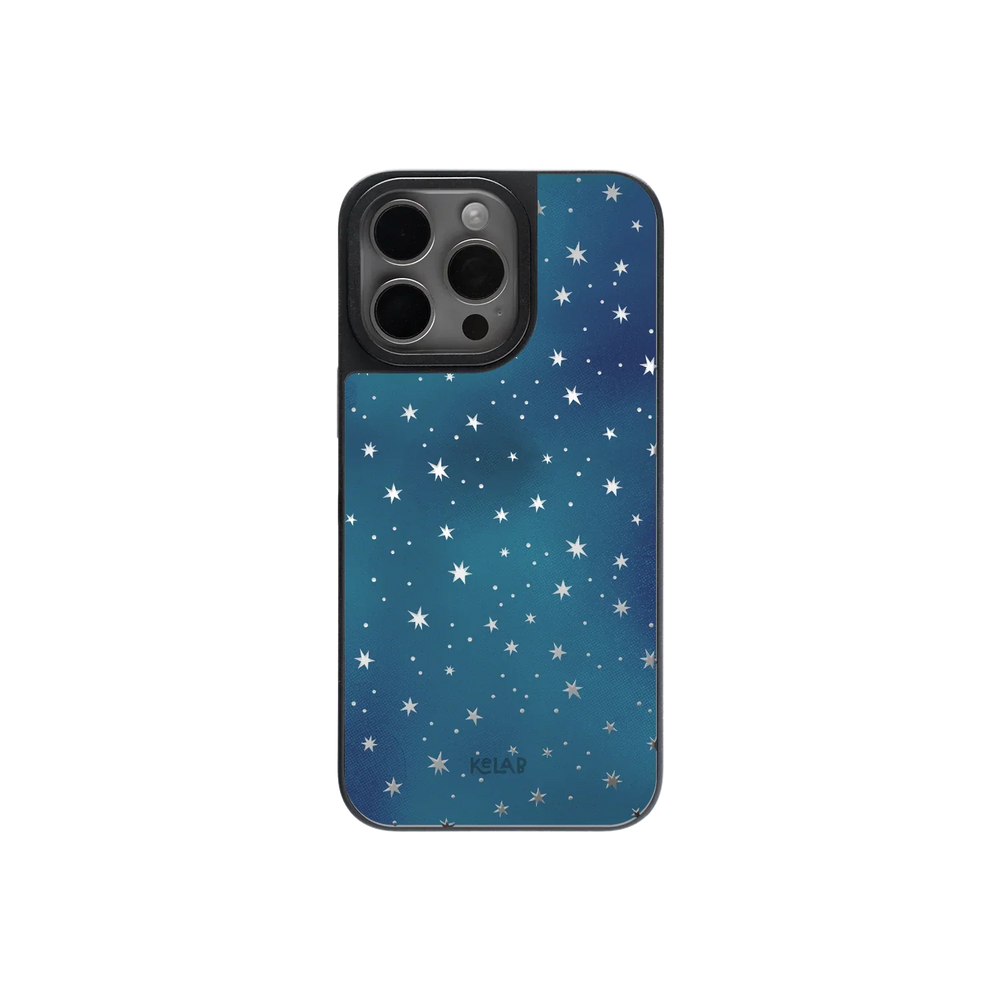 Dreamy Blue Butterfly Clear Case by KELAB featuring a starry night design with mirror back for iPhone 16 Pro Max. Sleek and stylish mobile phone case.