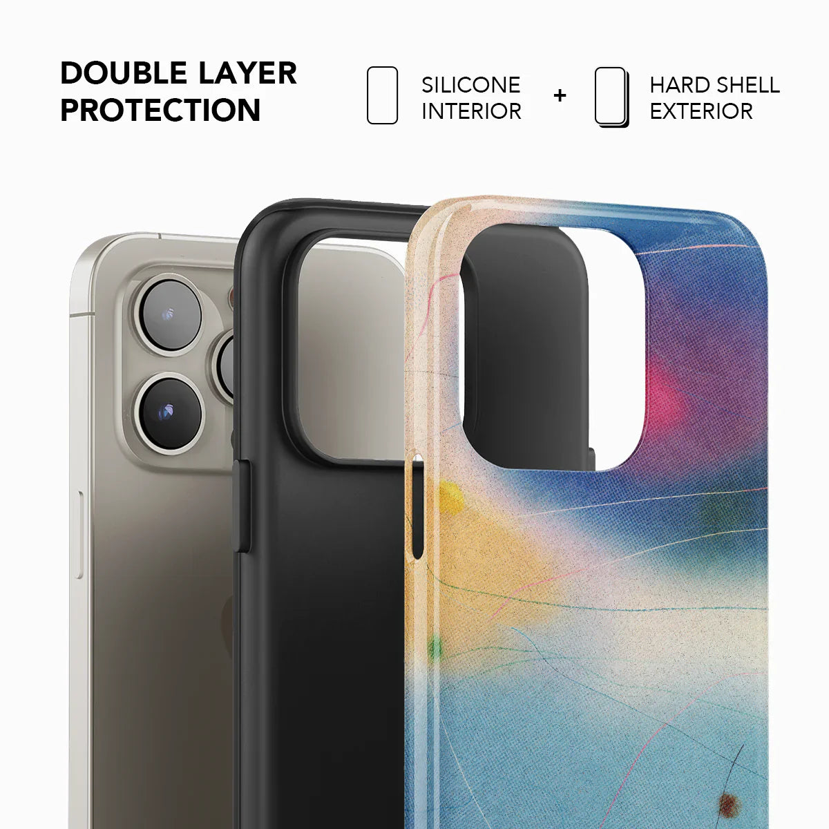 Double layer phone case with silicone interior and hard shell exterior for enhanced protection, featuring KELAB's abstract blue design.