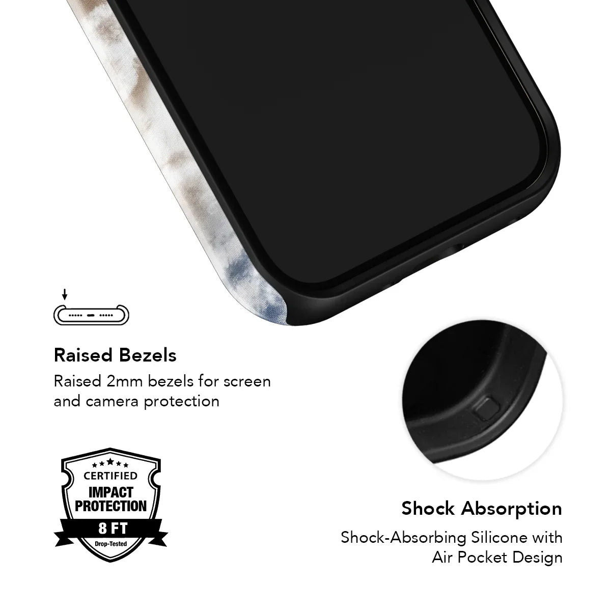 Phone case with raised bezels and shock absorption features on a white background