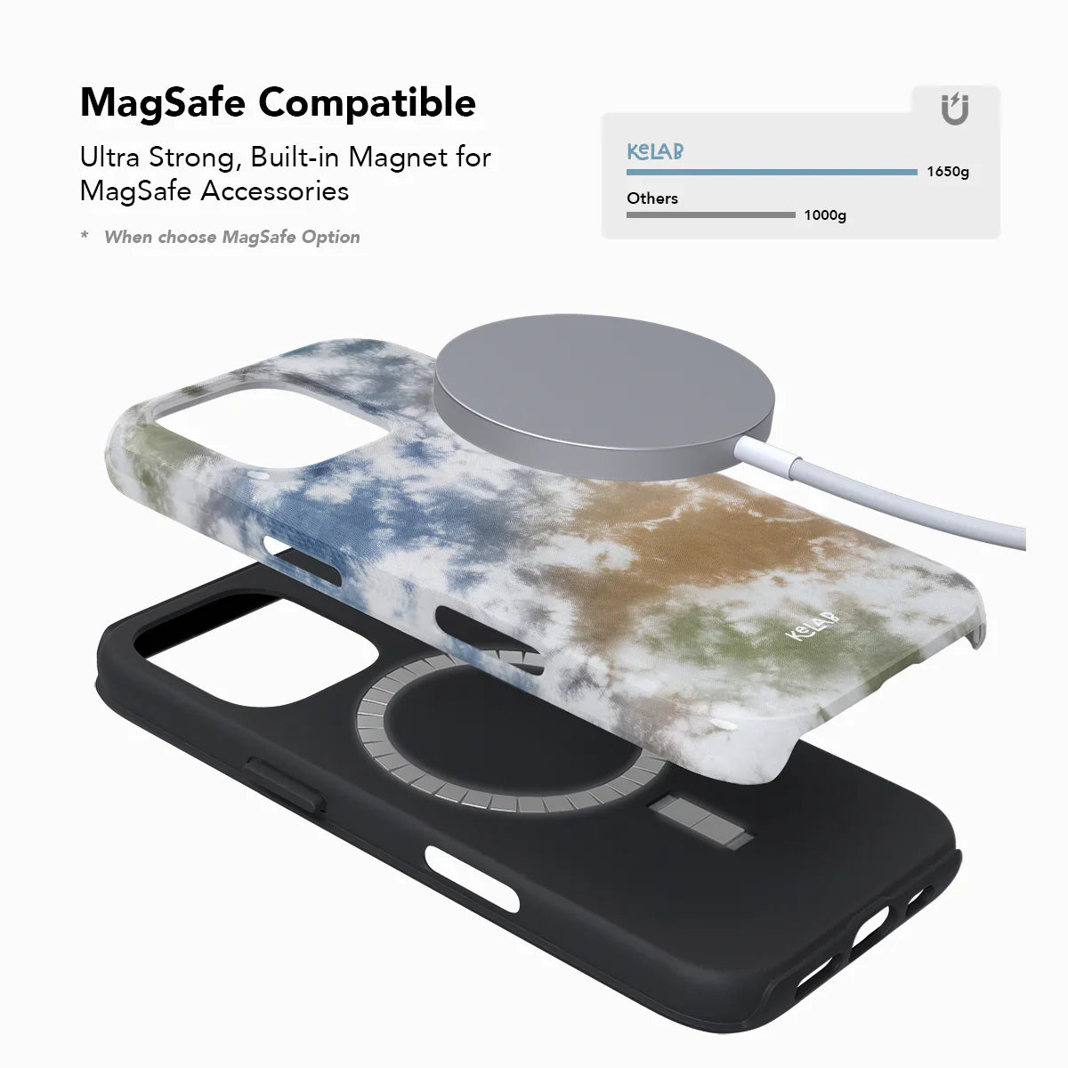 Phone case with built-in magnet for MagSafe accessories on a white background