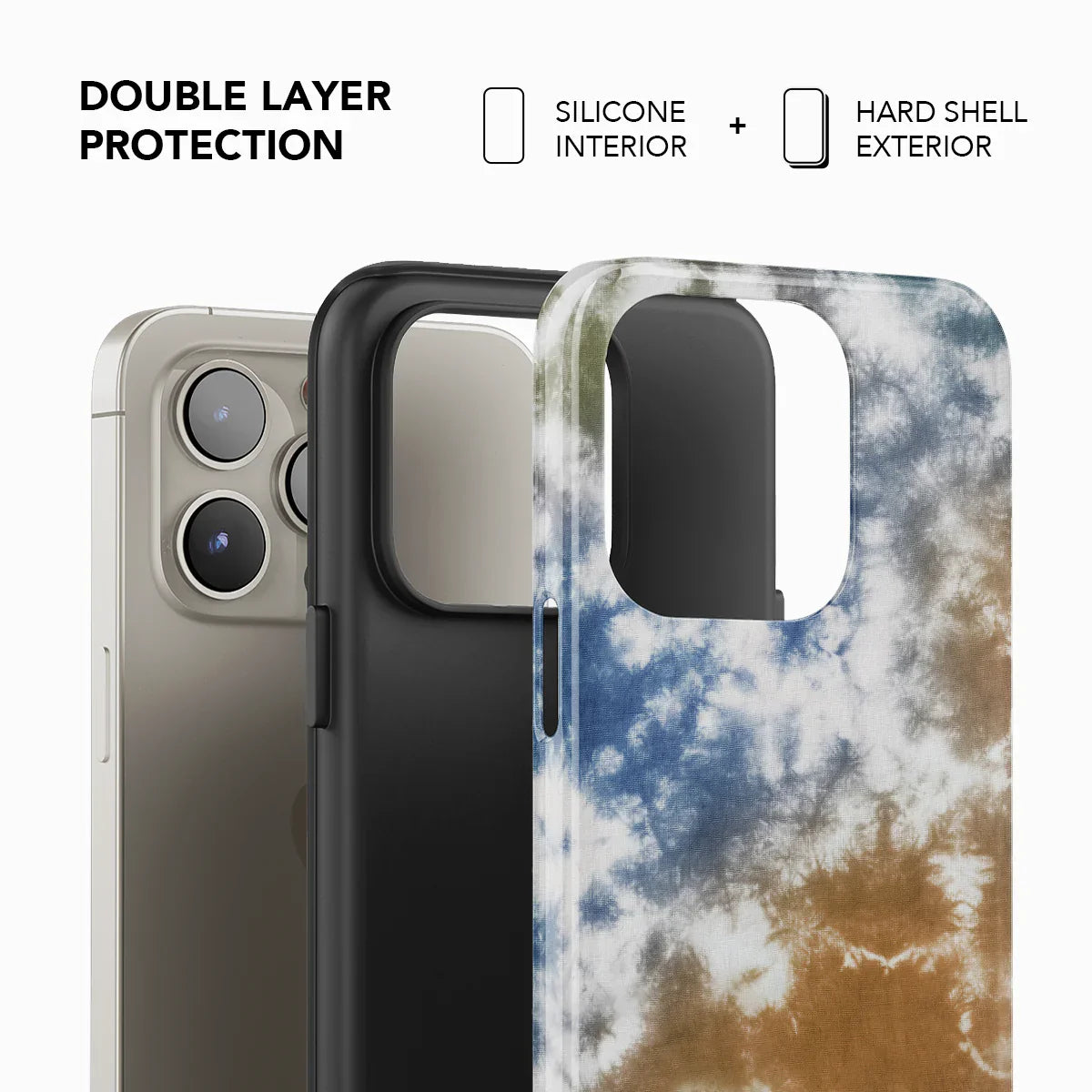 Phone case with double layer protection featuring silicone interior and hard shell exterior.