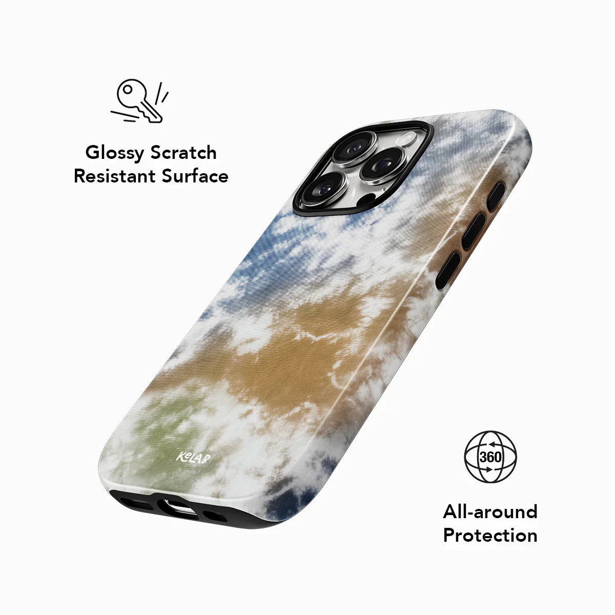 Phone case with tie-dye design on a white background, featuring text about scratch resistance and all-around protection.