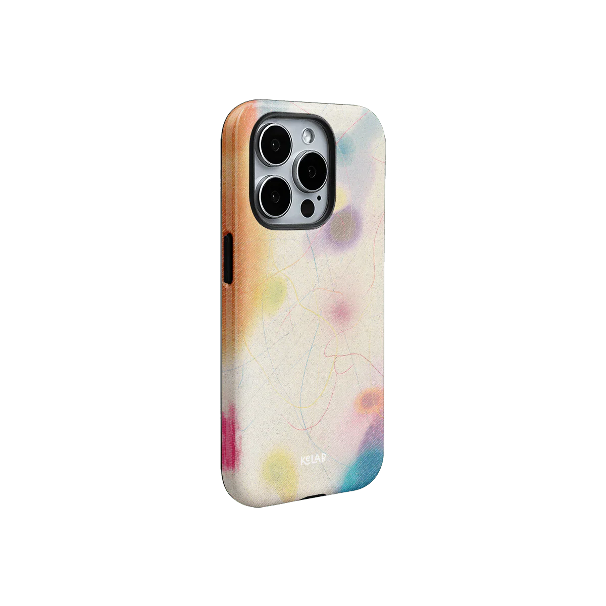 Designer-style iPhone case with soft texture and artistic abstract print in vibrant colors, part of KELAB's colorful cute phone case collection.