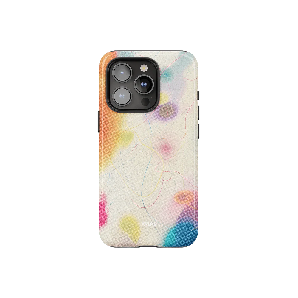 Colorful cute phone case from KELAB's Endorphins Series featuring abstract pastel gradient design and dual-layer protection for iPhone.