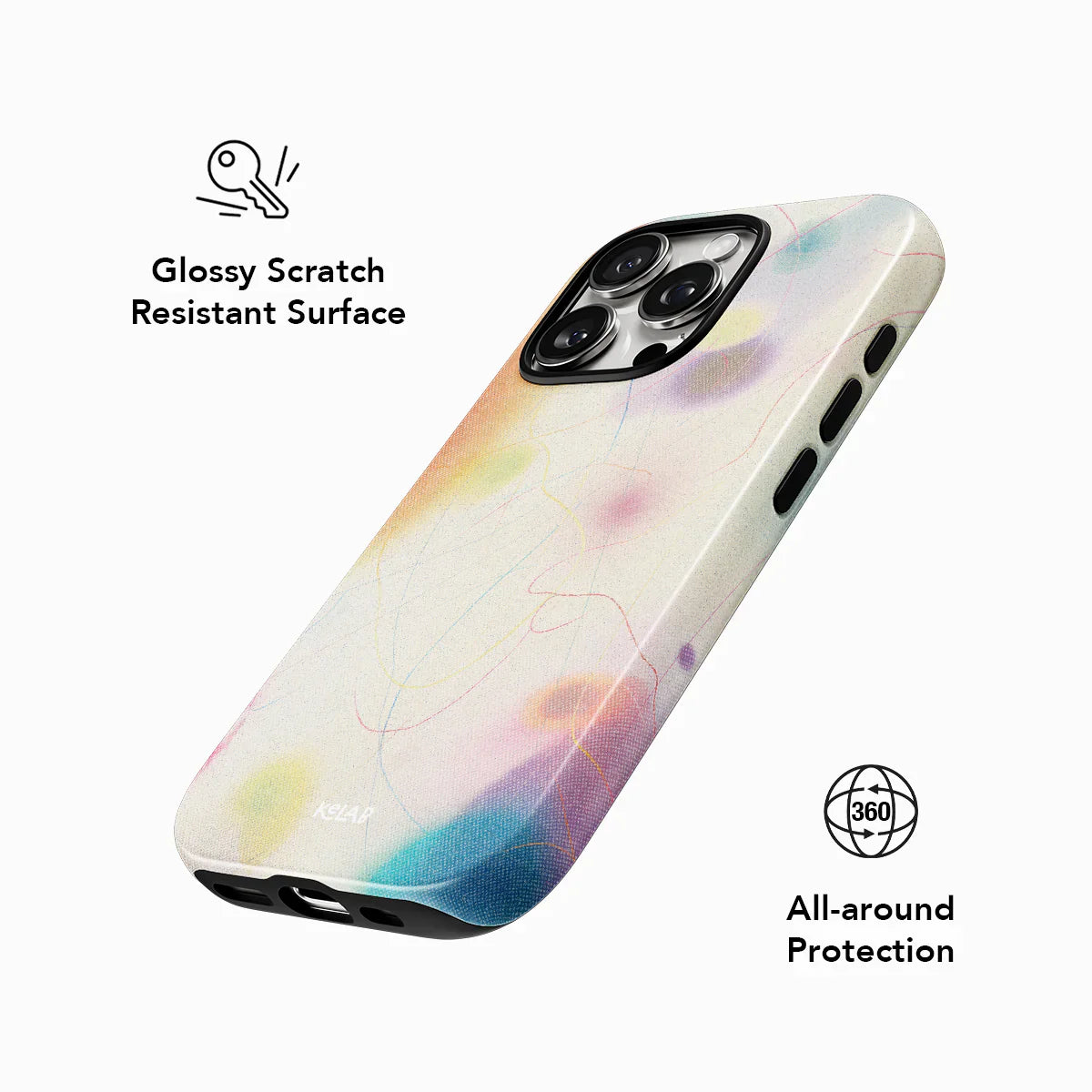Glossy scratch-resistant iPhone case with 360° protection and colorful abstract design from KELAB's Endorphins Series.