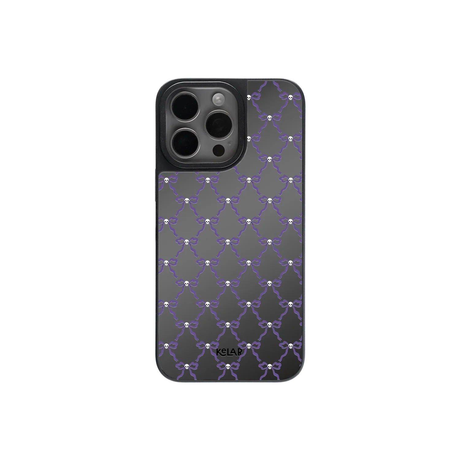 Black and white Halloween mirror phone case with purple chain bow pattern, featuring a glossy reflective back for a spooky yet elegant look.