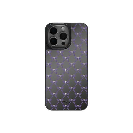 Black and white Halloween mirror phone case with purple chain bow pattern, featuring a glossy reflective back for a spooky yet elegant look.