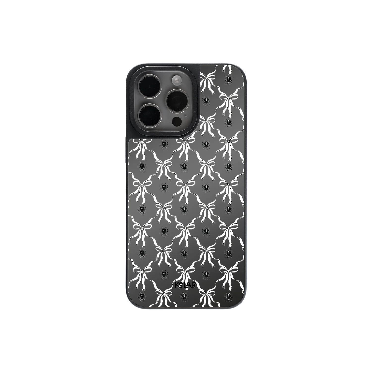 Gothic Halloween phone case with violet bow pattern and mirror back, featuring a black and white symmetrical Victorian design.