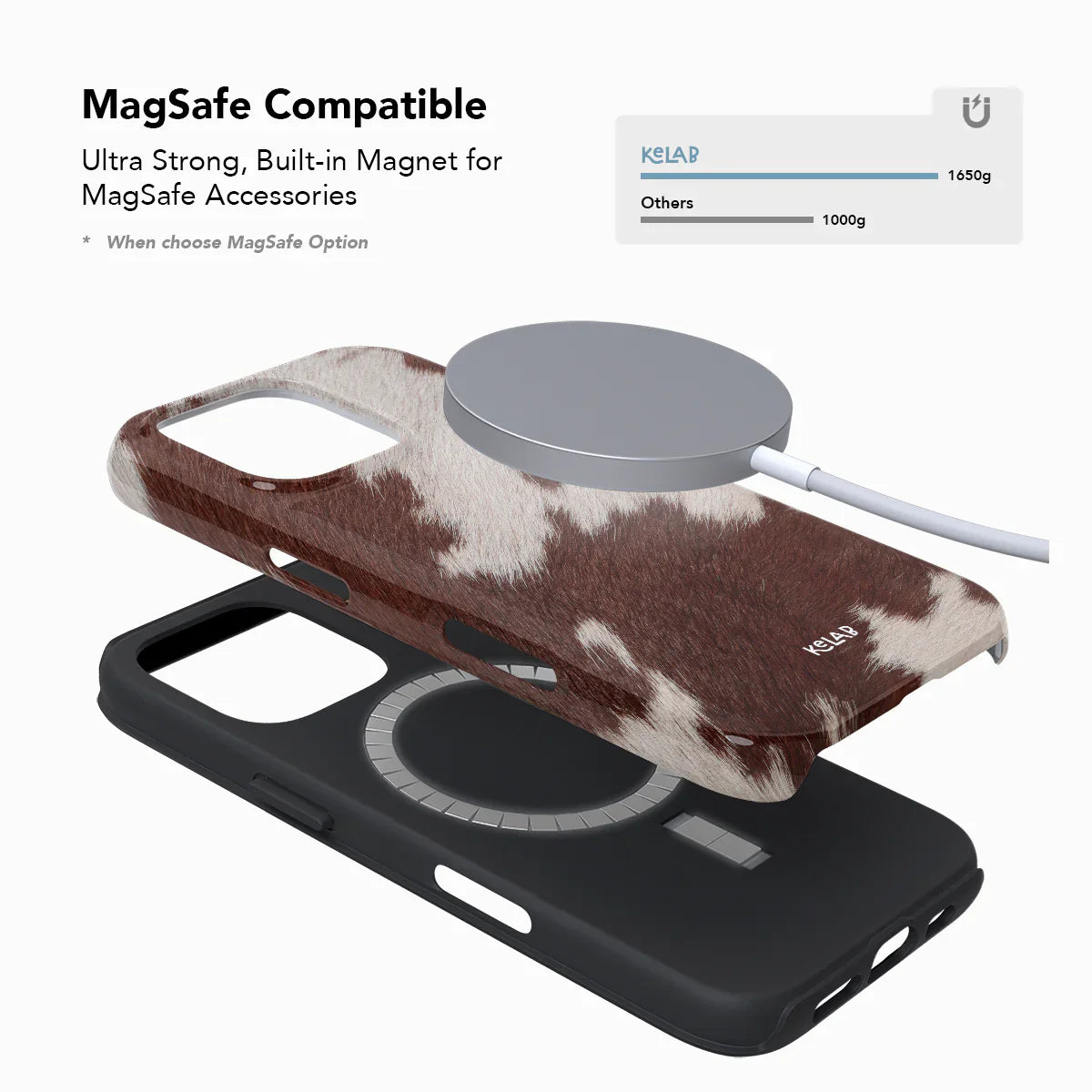 MagSafe compatible Cow Print Brown iPhone Case with ultra-strong built-in magnet for seamless use with MagSafe accessories by KELAB.