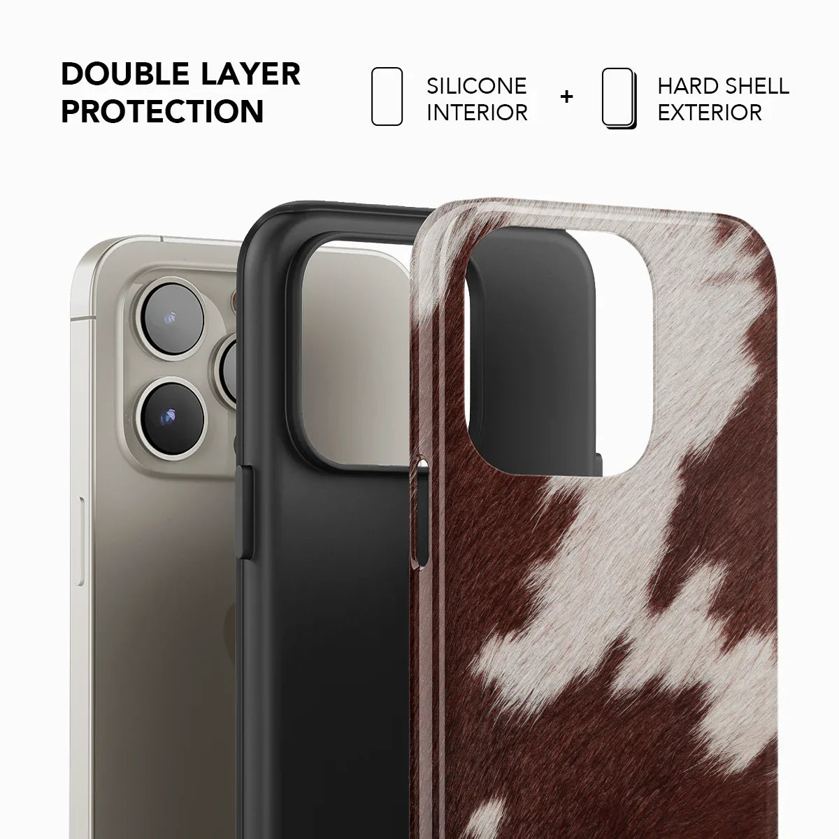 Double layer protection of the Cow Print Brown iPhone Case with silicone interior and hard shell exterior for durable, stylish phone safety.