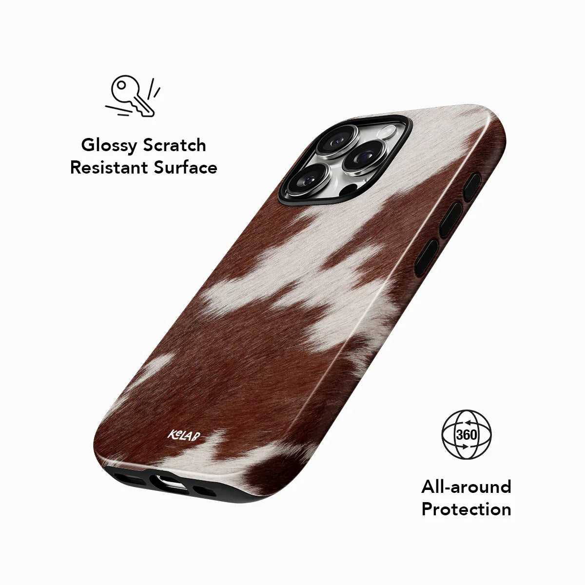 Glossy scratch-resistant surface and 360° all-around protection on the Cow Print Brown iPhone Case – perfect for western and cozy aesthetics.