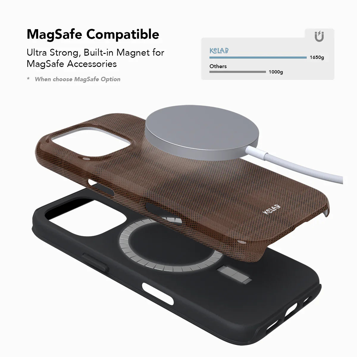 MagSafe compatible KELAB phone case in brown flannel design with built-in magnet and dual-layer construction for secure accessory use.