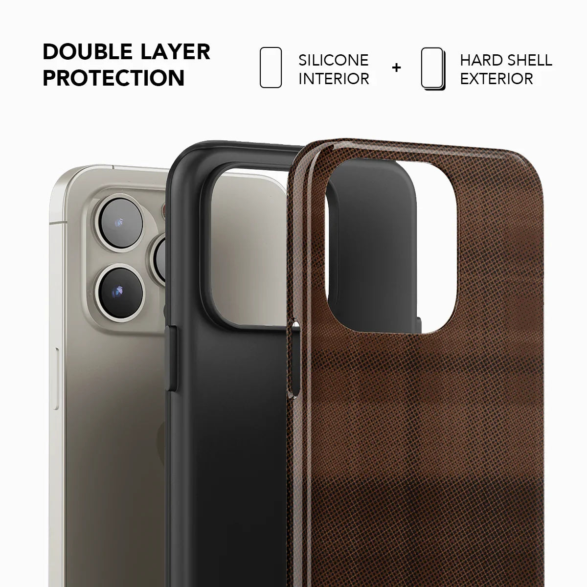 Double-layer KELAB phone case with brown flannel print, showcasing silicone interior and hard shell exterior for enhanced durability.