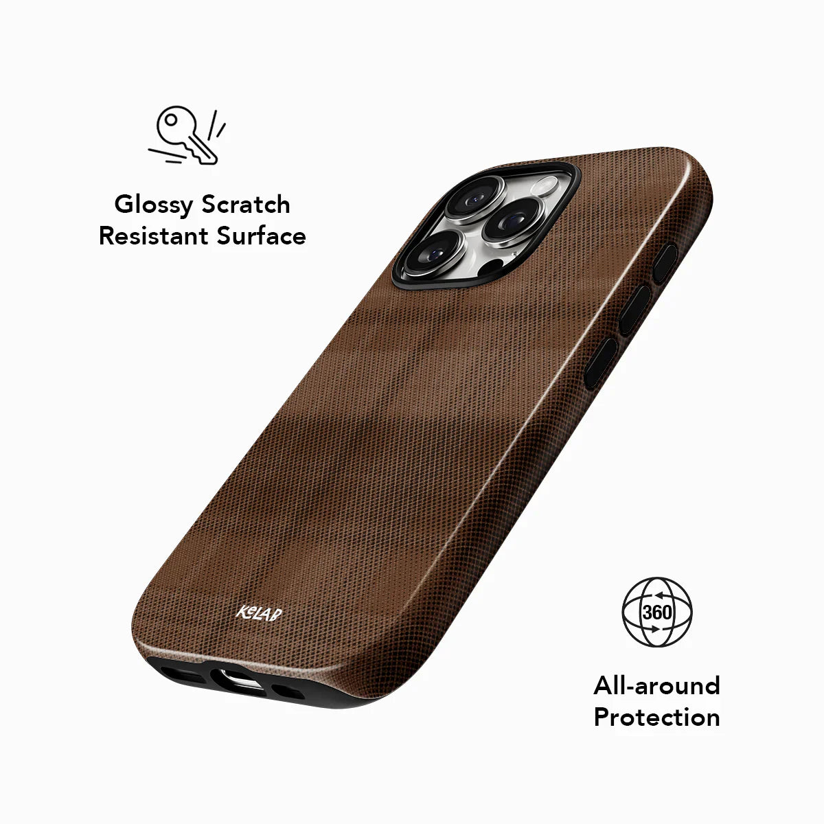 Glossy scratch-resistant brown flannel phone case by KELAB offering 360-degree protection and minimalist plaid design.