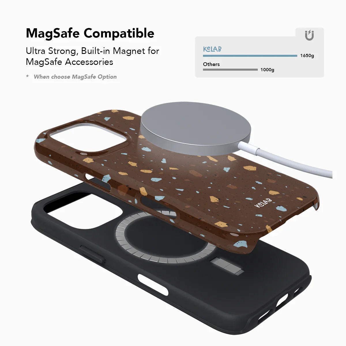 MagSafe compatible brown terrazzo phone case by KELAB with strong built-in magnet. Supports wireless charging and accessories.