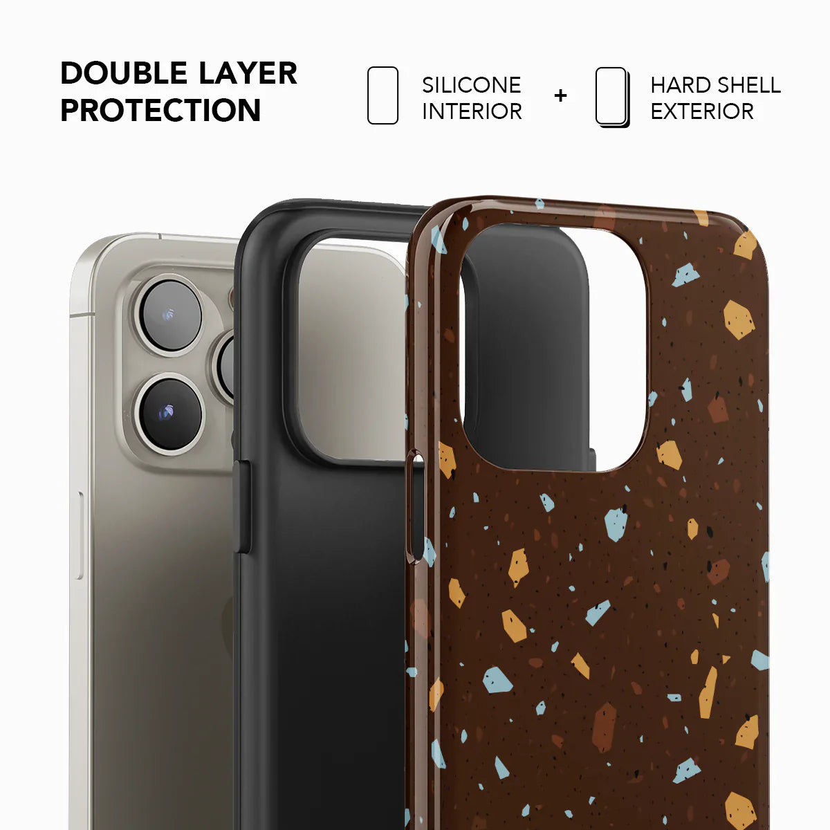 Double-layer KELAB phone case with silicone interior and hard shell exterior in brown terrazzo design. Durable and stylish iPhone accessory.