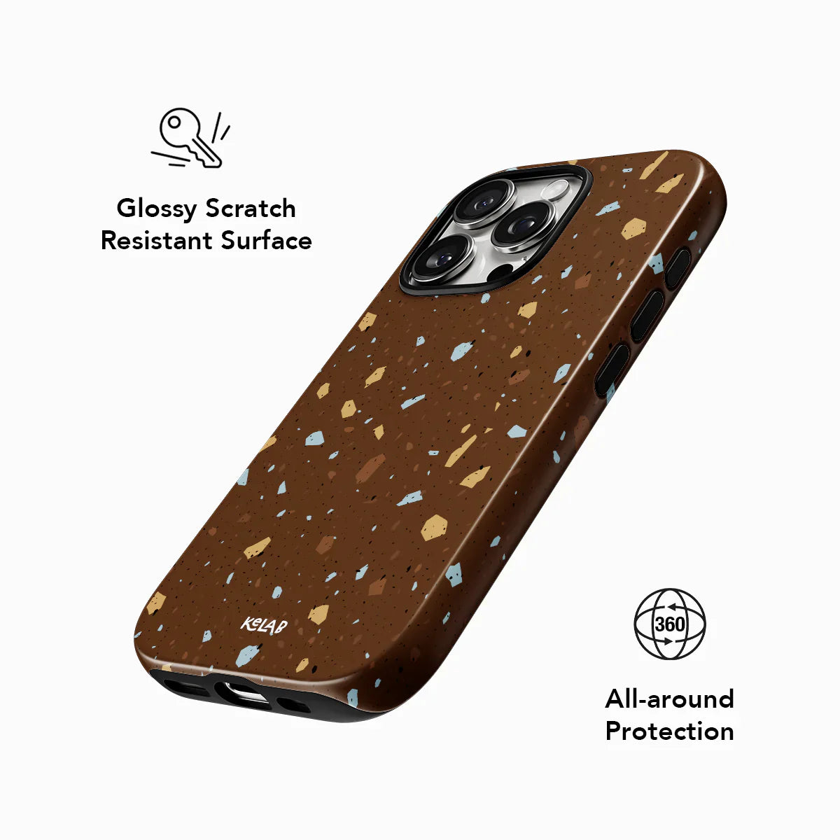 Glossy scratch-resistant brown terrazzo phone case by KELAB with 360° protection. Features soft speckles and sleek finish.