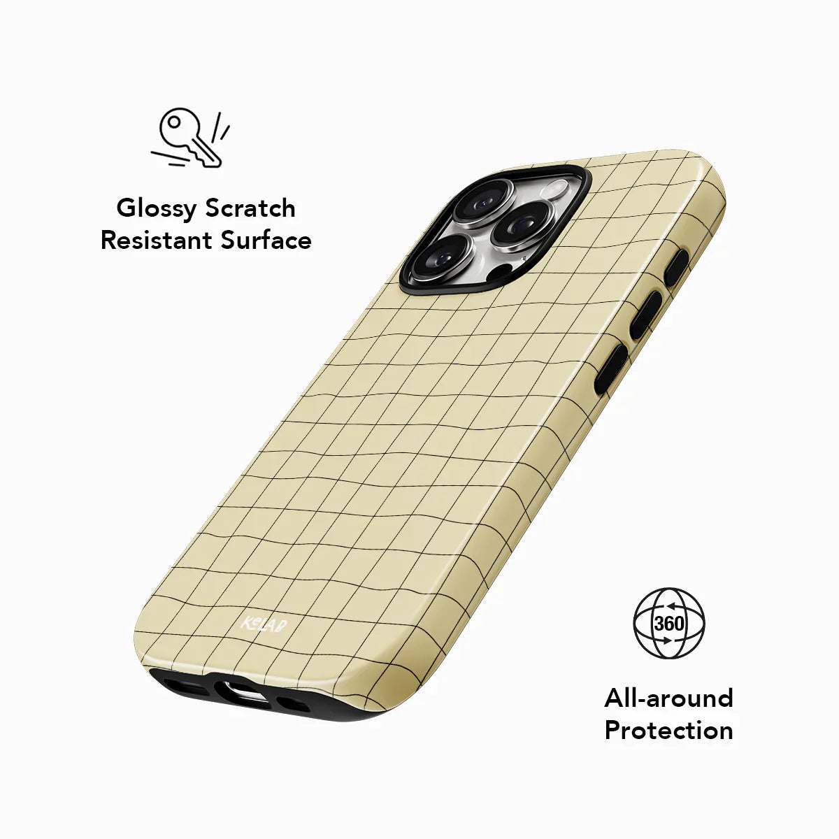 Glossy scratch-resistant iPhone case in pastel yellow grid pattern. Offers 360° all-around protection with a soft, modern aesthetic.