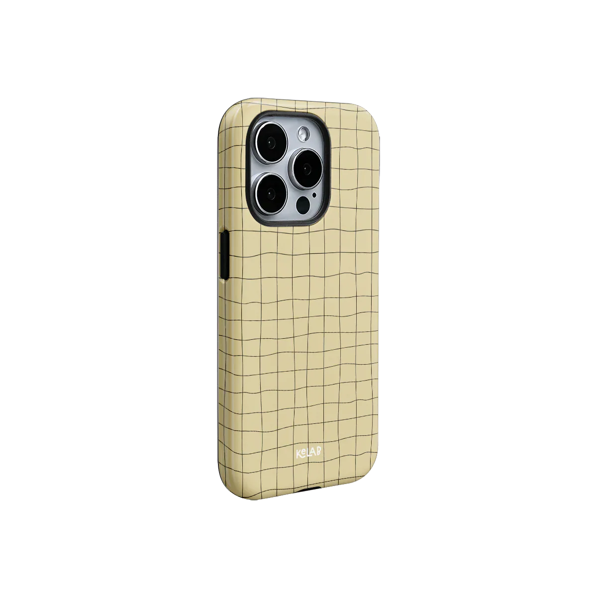 Yellow pastel grid iPhone case with soft tones and abstract lines. Slim and stylish phone accessory from KELAB with a light, playful vibe.