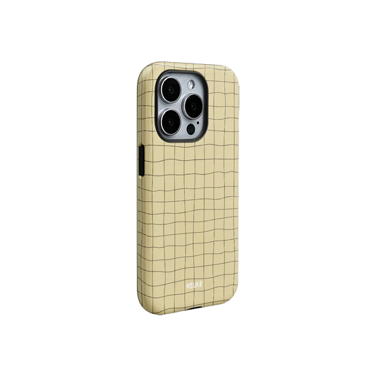 Yellow pastel grid iPhone case with soft tones and abstract lines. Slim and stylish phone accessory from KELAB with a light, playful vibe.
