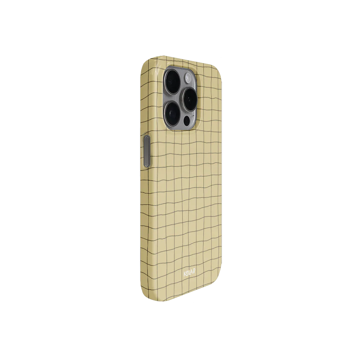 Pastel yellow phone case with abstract grid pattern and soft matte finish. Designed by KELAB for a light and modern mobile look.