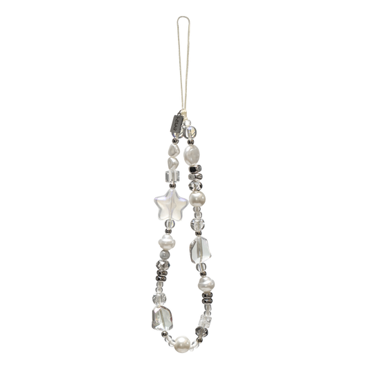 Cosmic Pearl phone charm by KELAB featuring frosted star, iridescent pearls, and crystal-clear beads in a celestial silver aesthetic.