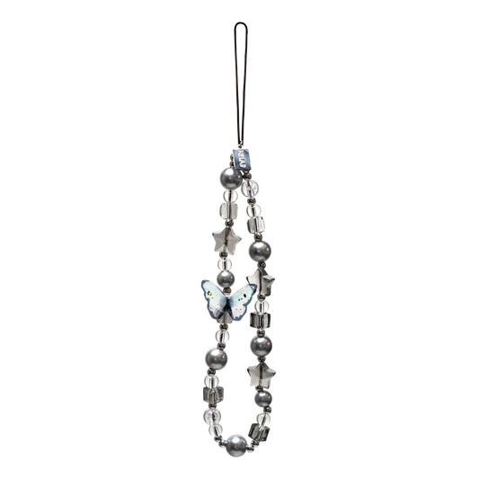 Moonshade Phone Charm – Butterfly & Pearl Aesthetic by KELAB featuring silver beads, clear stars, and a blue butterfly centerpiece.