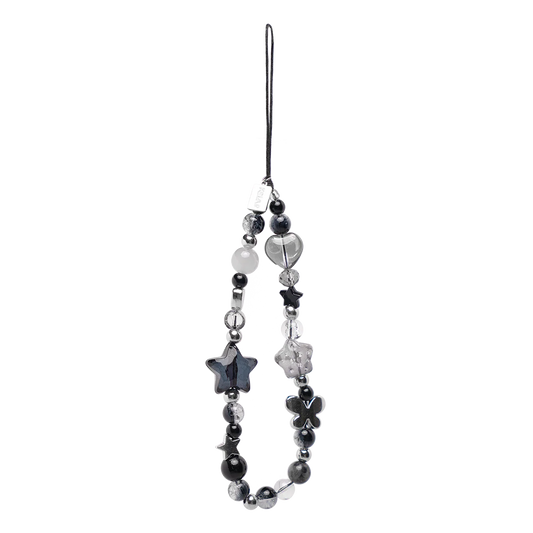 Chrome star beaded phone charm with black, silver, and crystal beads in celestial and Y2K style. Features silver stars and black accents.