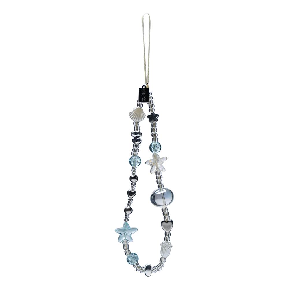 Crystal Sea Star Phone Charm with beaded shell and star accents in chrome and blue tones, ideal for phones, keys, or bags.