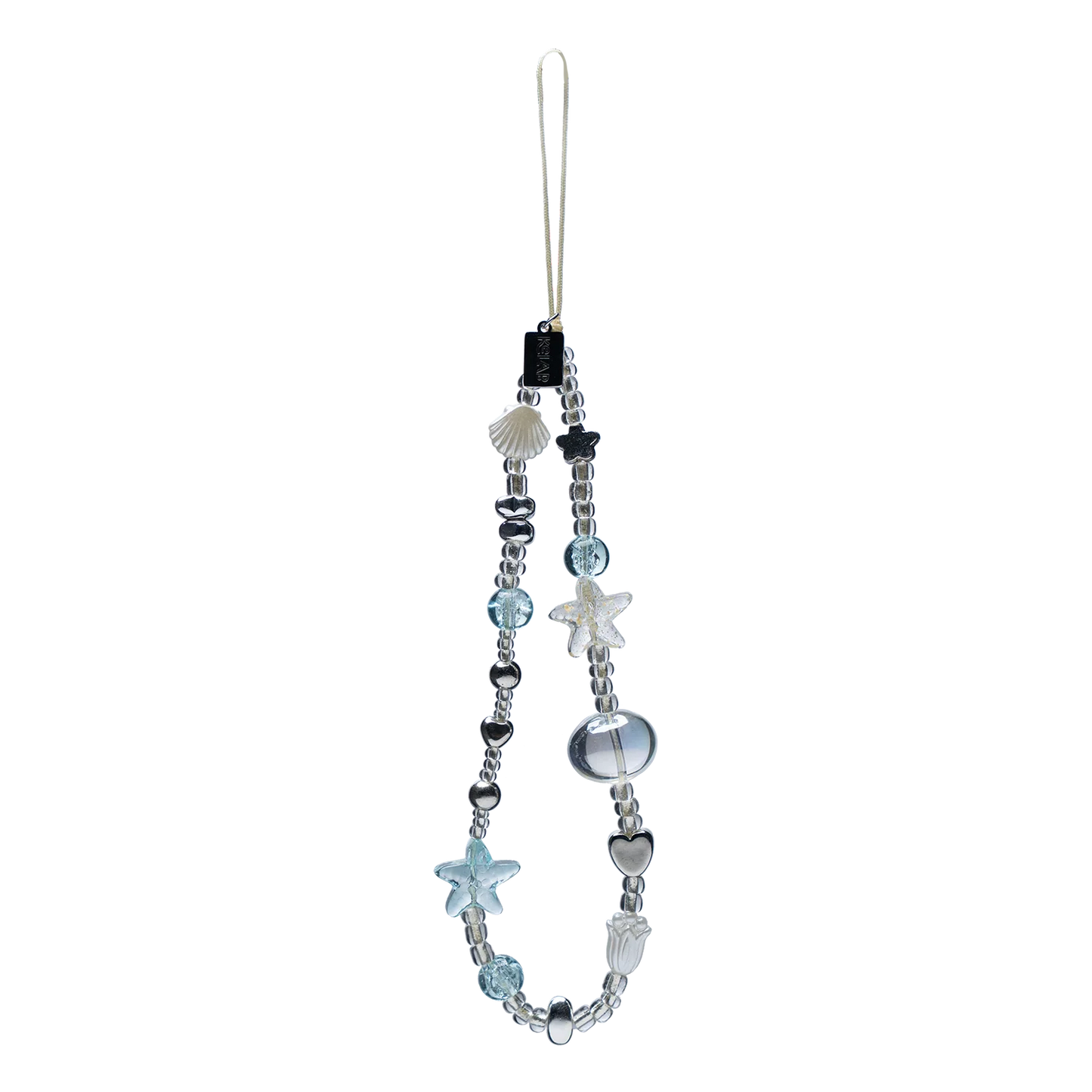 Crystal Sea Star Phone Charm with beaded shell and star accents in chrome and blue tones, ideal for phones, keys, or bags.
