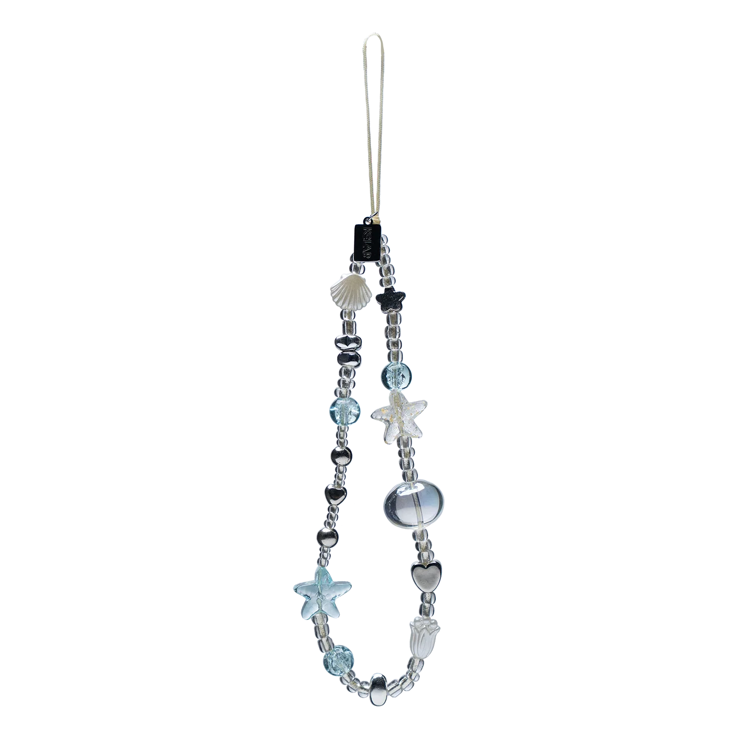 Crystal Sea Star Phone Charm with beaded shell and star accents in chrome and blue tones, ideal for phones, keys, or bags.