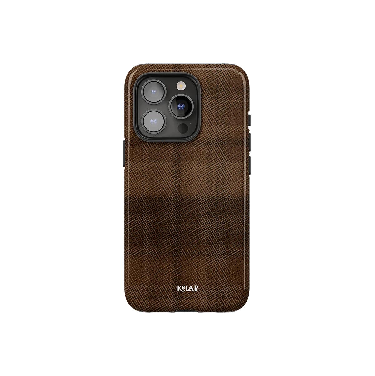 Minimalist phone case with brown flannel design by KELAB featuring a subtle checkered pattern and camera cutout for iPhone models.