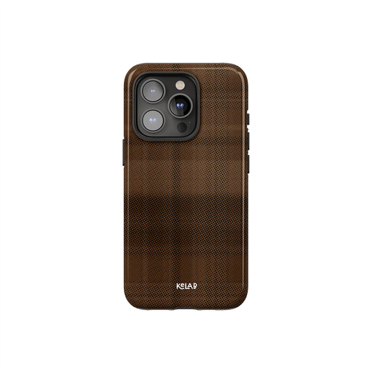 Minimalist phone case with brown flannel design by KELAB featuring a subtle checkered pattern and camera cutout for iPhone models.